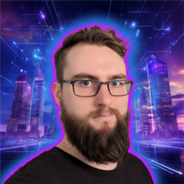 Porträtbild des Creators vor blau-violettem, futuristischem Stadthintergrund.